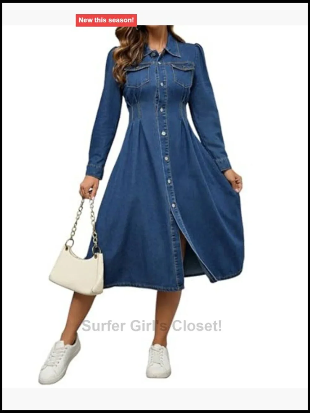Women's Long Sleeve Denim Dress Ruched High Waist Button Down Jean Dress with